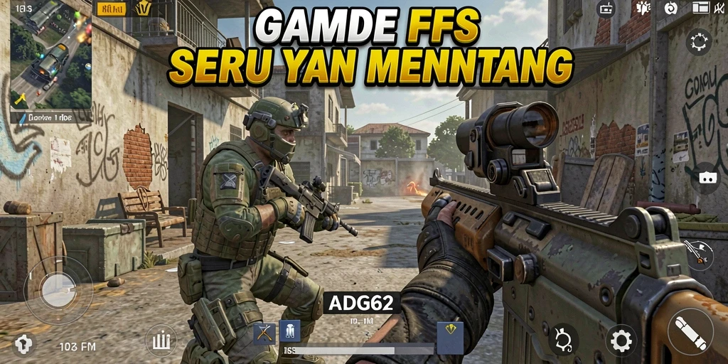 Screenshot utama ADG62 menunjukkan aksi tembak-menembak yang seru.