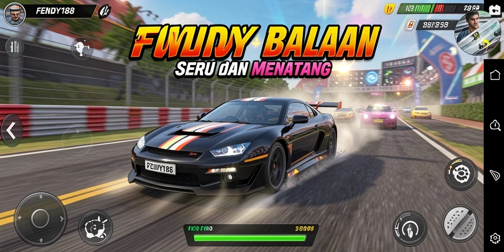 Screenshot gameplay FENDY188 menampilkan balapan seru di trek yang menantang.