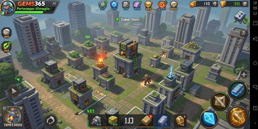 Gameplay GEMS365 menampilkan strategi menara pertahanan yang mendebarkan.