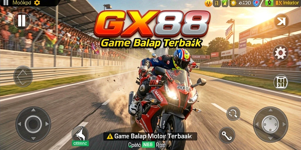 Screenshot dari gameplay GX88 dengan aksi balap motor yang intens.