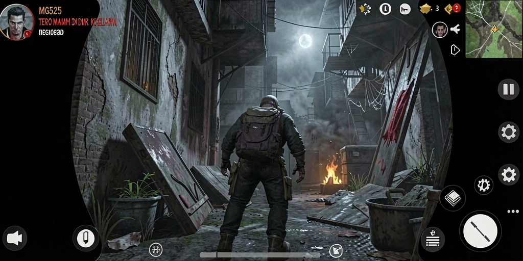 Screenshot gameplay MG525 dengan suasana menyeramkan dan makhluk mengintimidasi.