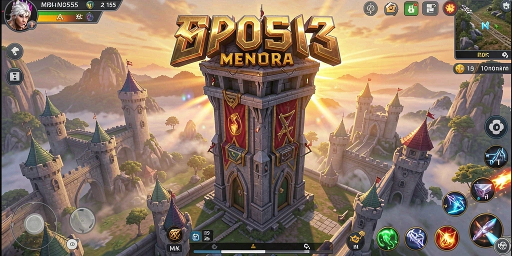 Screenshot MPO555 menampilkan pertempuran dinamis dalam Tower Defense.