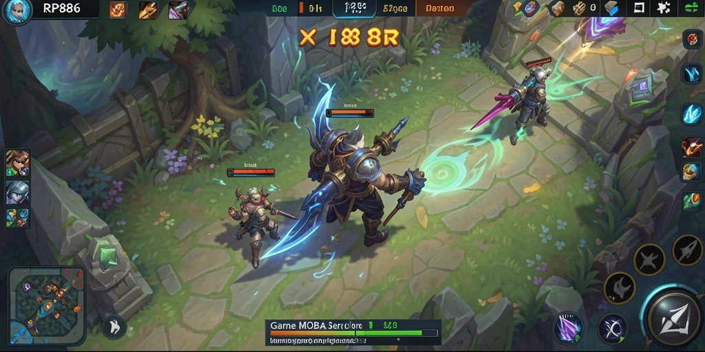 Tampilan gameplay seru dari RP886 dengan aksi MOBA yang mendebarkan.