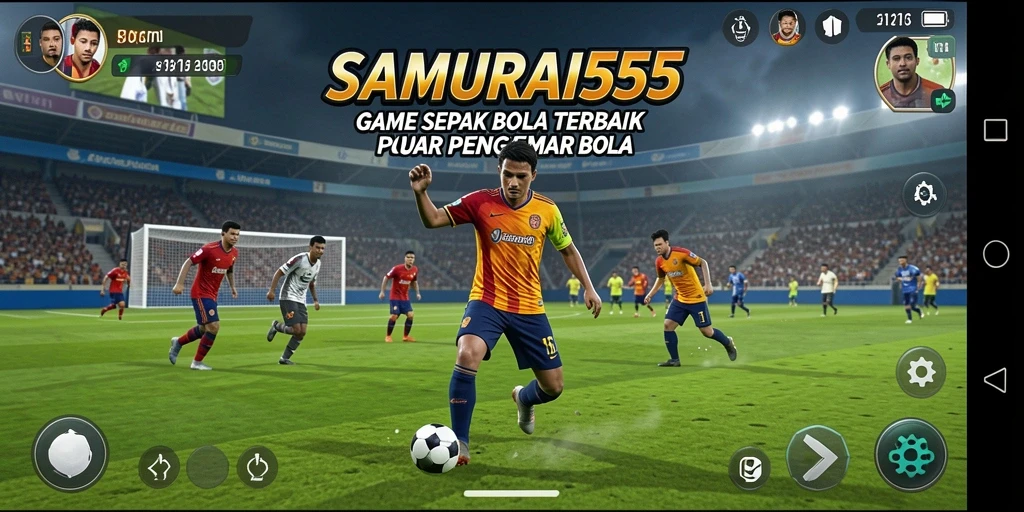 Screenshot gameplay <strong>SAMURAI555</strong> menampilkan aksi seru di lapangan sepak bola.