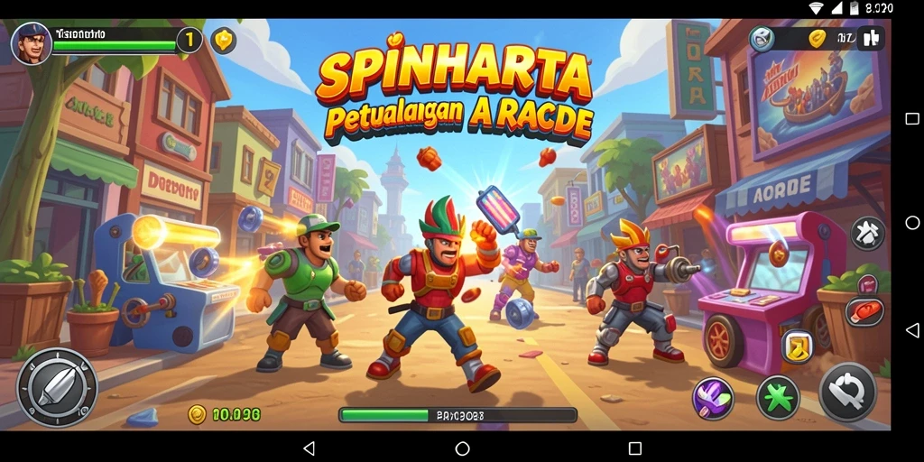 Tampilan gameplay SPINHARTA yang penuh warna dan dinamis.