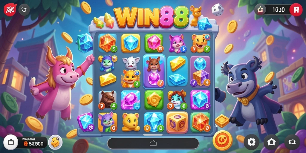 Gambaran gameplay seru dalam WIN88 dengan kombinasi permata berwarna.